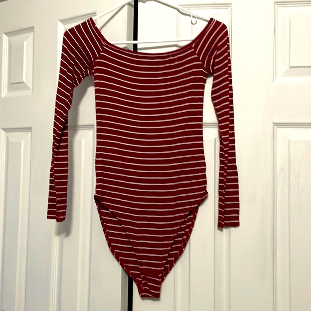 Forever 21 Maroon and White Stripped bodysuit, Size Medium